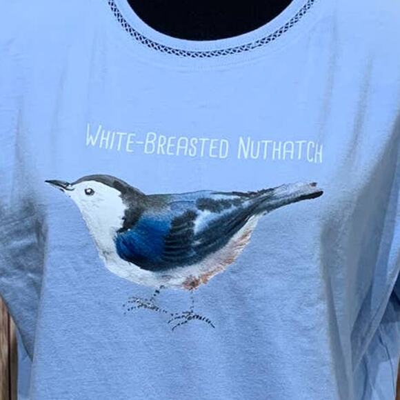 Wingspan Inspired Womens Large Watercolor White Breasted Nuthatch Upcycled Tee - Picture 2 of 4